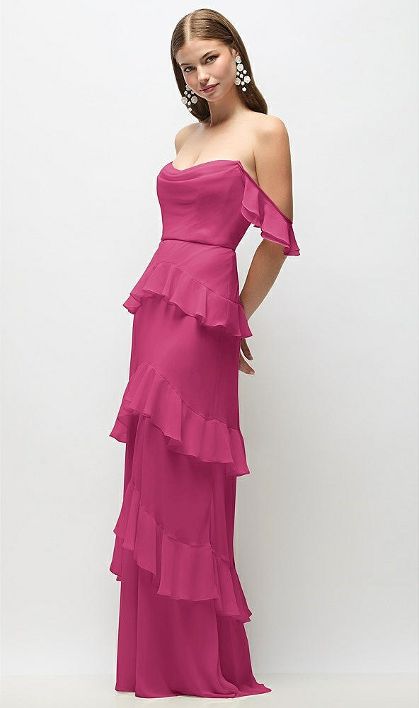 Front View - Tea Rose Off-the-Shoulder Cowl Chiffon Tiered Ruffle Maxi Dress with Convertible Ruffle Straps