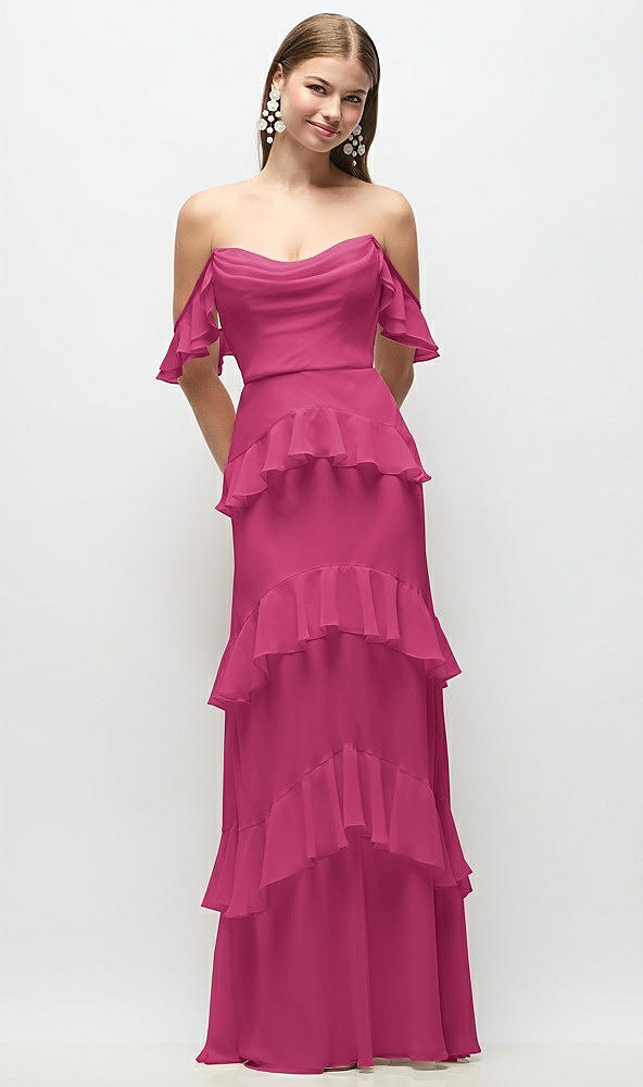 Back View - Tea Rose Off-the-Shoulder Cowl Chiffon Tiered Ruffle Maxi Dress with Convertible Ruffle Straps