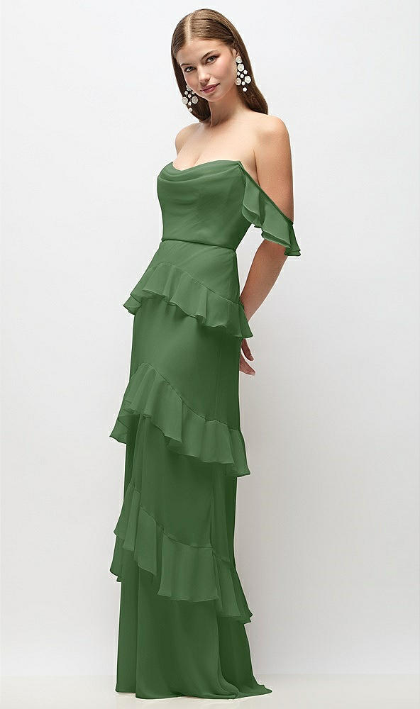 Front View - Vineyard Green Off-the-Shoulder Cowl Chiffon Tiered Ruffle Maxi Dress with Convertible Ruffle Straps