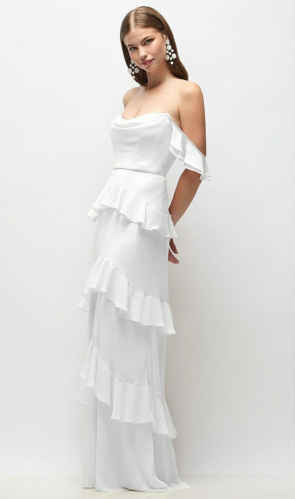 Front View - White Off-the-Shoulder Cowl Chiffon Tiered Ruffle Maxi Dress with Convertible Ruffle Straps
