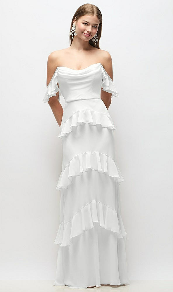 Back View - White Off-the-Shoulder Cowl Chiffon Tiered Ruffle Maxi Dress with Convertible Ruffle Straps