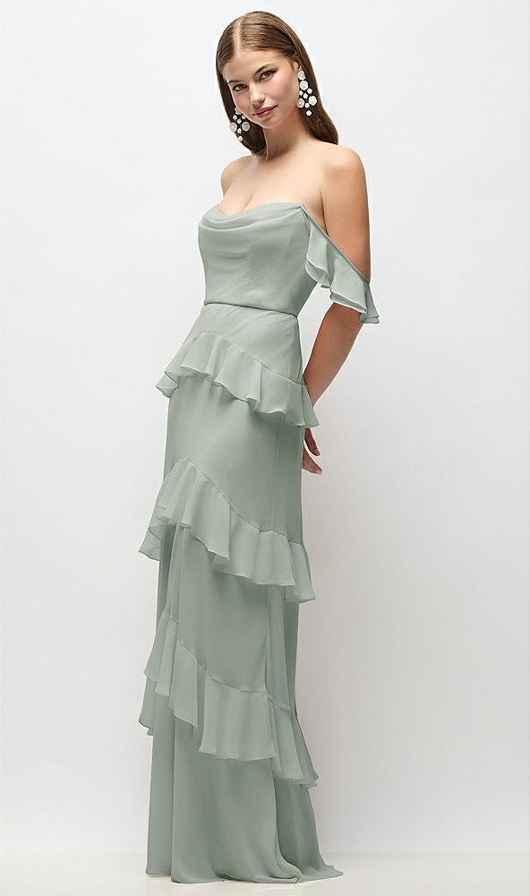 Front View - Willow Green Off-the-Shoulder Cowl Chiffon Tiered Ruffle Maxi Dress with Convertible Ruffle Straps