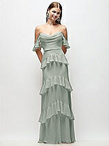 Rear View Thumbnail - Willow Green Off-the-Shoulder Cowl Chiffon Tiered Ruffle Maxi Dress with Convertible Ruffle Straps