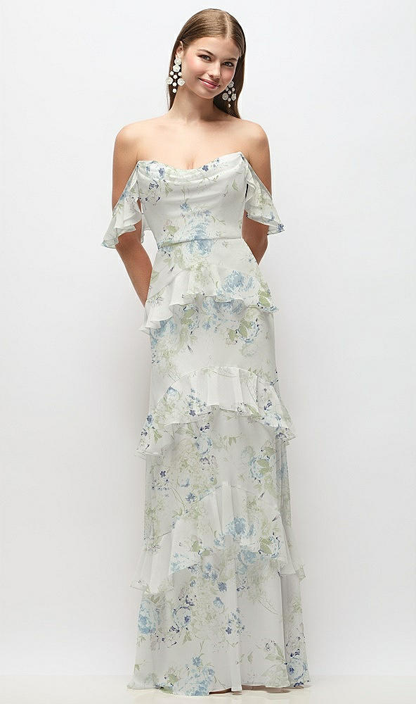Front View - Bleu Garden Off-the-Shoulder Cowl Floral Chiffon Tiered Ruffle Maxi Dress with Convertible Ruffle Straps