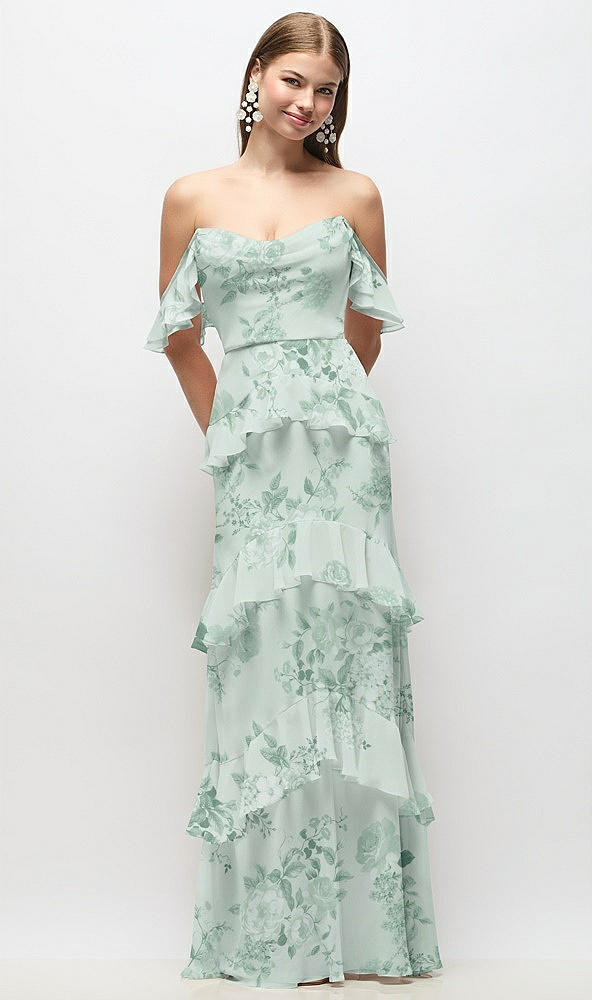 Front View - Mint Green Floral Off-the-Shoulder Cowl Floral Chiffon Tiered Ruffle Maxi Dress with Convertible Ruffle Straps