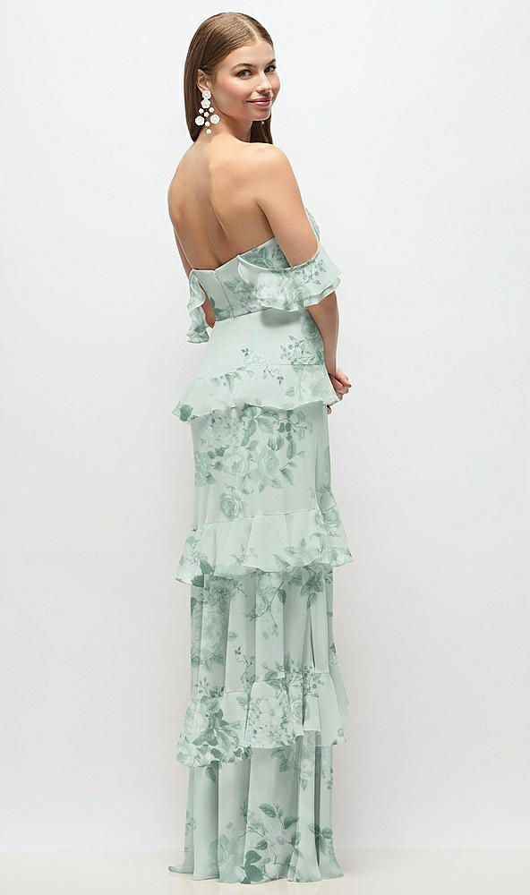 Back View - Mint Green Floral Off-the-Shoulder Cowl Floral Chiffon Tiered Ruffle Maxi Dress with Convertible Ruffle Straps