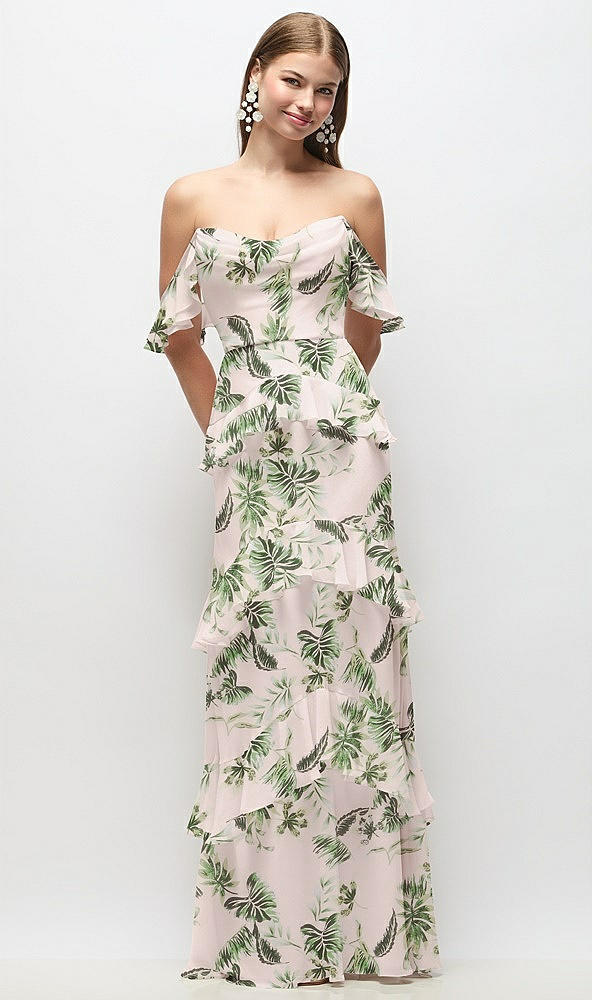 Front View - Palm Beach Print Off-the-Shoulder Cowl Floral Chiffon Tiered Ruffle Maxi Dress with Convertible Ruffle Straps