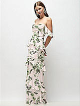 Side View Thumbnail - Palm Beach Print Off-the-Shoulder Cowl Floral Chiffon Tiered Ruffle Maxi Dress with Convertible Ruffle Straps