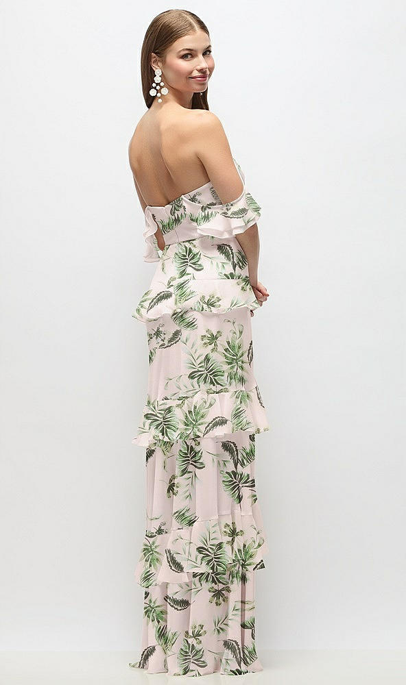 Back View - Palm Beach Print Off-the-Shoulder Cowl Floral Chiffon Tiered Ruffle Maxi Dress with Convertible Ruffle Straps