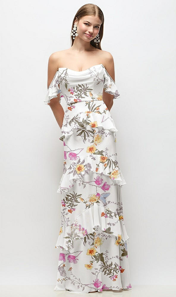 Front View - Butterfly Botanica Ivory Off-the-Shoulder Cowl Floral Chiffon Tiered Ruffle Maxi Dress with Convertible Ruffle Straps
