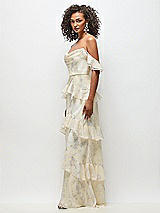 Side View Thumbnail - Butter Yellow Floral Off-the-Shoulder Cowl Floral Chiffon Tiered Ruffle Maxi Dress with Convertible Ruffle Straps