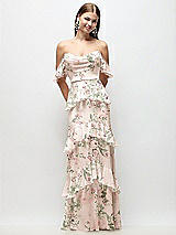 Front View Thumbnail - Blush Garden Off-the-Shoulder Cowl Floral Chiffon Tiered Ruffle Maxi Dress with Convertible Ruffle Straps