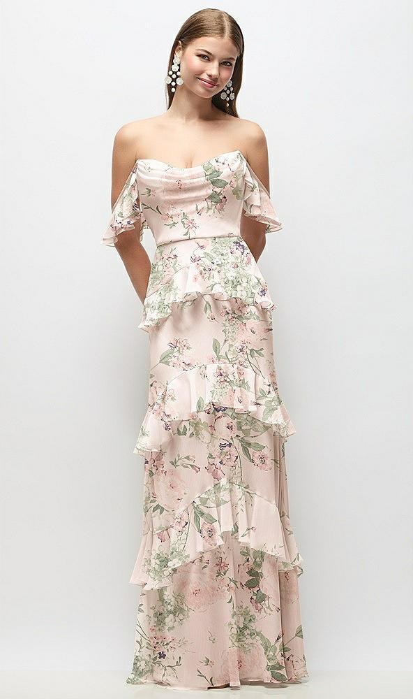 Front View - Blush Garden Off-the-Shoulder Cowl Floral Chiffon Tiered Ruffle Maxi Dress with Convertible Ruffle Straps