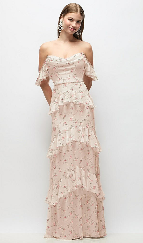 Front View - Coquette Floral Print Off-the-Shoulder Cowl Floral Chiffon Tiered Ruffle Maxi Dress with Convertible Ruffle Straps