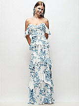 Front View Thumbnail - Cottage Rose Dusk Blue Off-the-Shoulder Cowl Floral Chiffon Tiered Ruffle Maxi Dress with Convertible Ruffle Straps