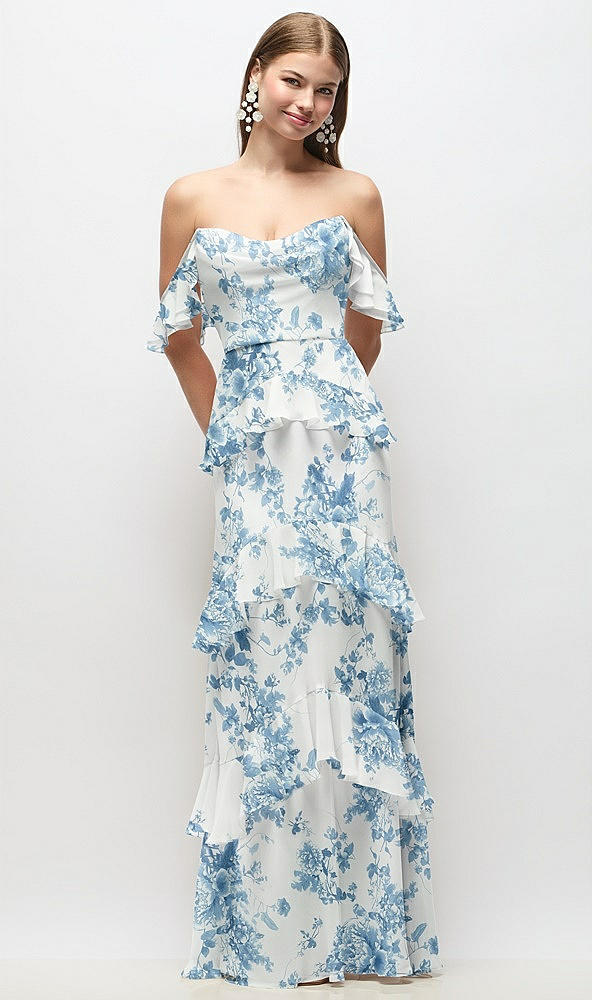 Front View - Cottage Rose Dusk Blue Off-the-Shoulder Cowl Floral Chiffon Tiered Ruffle Maxi Dress with Convertible Ruffle Straps
