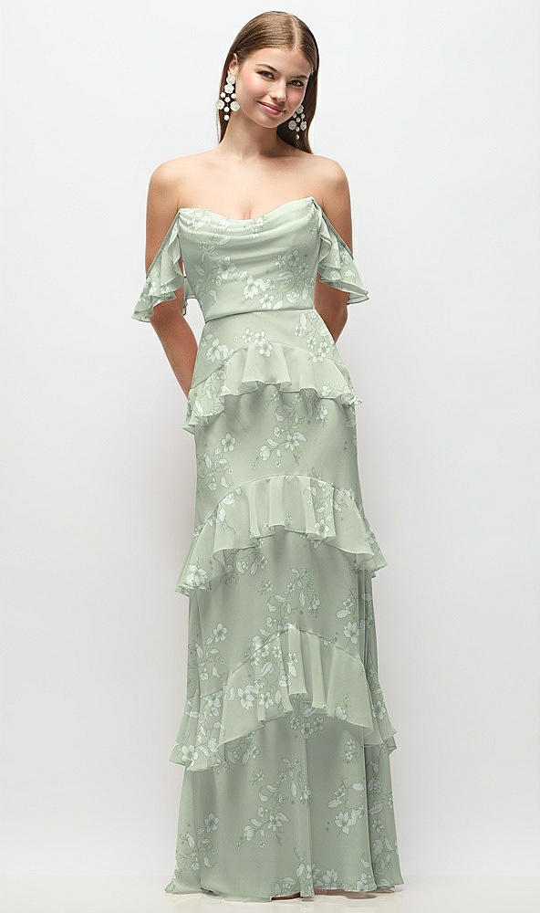 Front View - Vintage Primrose Sage Off-the-Shoulder Cowl Floral Chiffon Tiered Ruffle Maxi Dress with Convertible Ruffle Straps