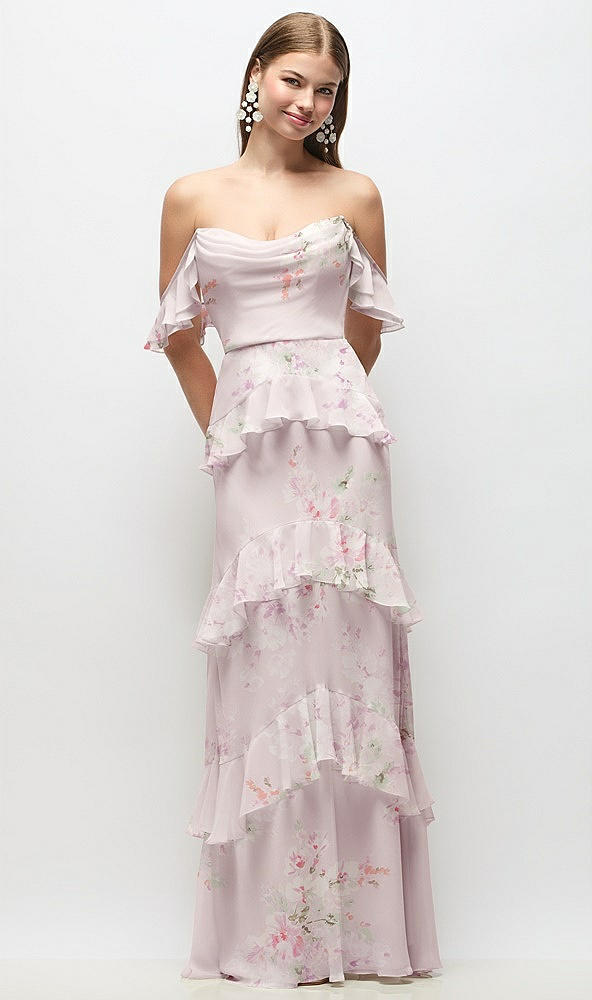 Front View - Watercolor Print Off-the-Shoulder Cowl Floral Chiffon Tiered Ruffle Maxi Dress with Convertible Ruffle Straps