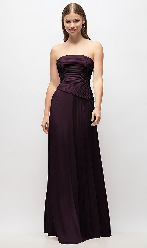 Front View - Deep Plum Strapless Chiffon Maxi Dress with Asymmetrical Ruched Drop Waist