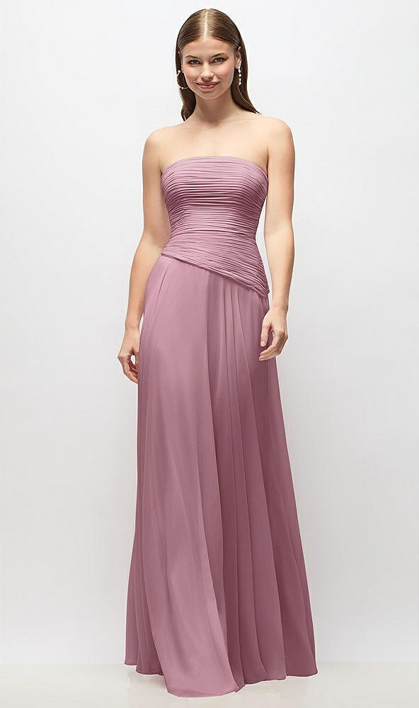 Front View - Dusty Pink Strapless Chiffon Maxi Dress with Asymmetrical Ruched Drop Waist