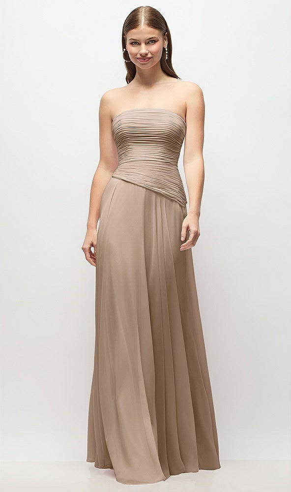 Front View - Topaz Strapless Chiffon Maxi Dress with Asymmetrical Ruched Drop Waist