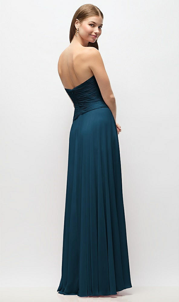 Back View - Atlantic Blue Strapless Chiffon Maxi Dress with Asymmetrical Ruched Drop Waist