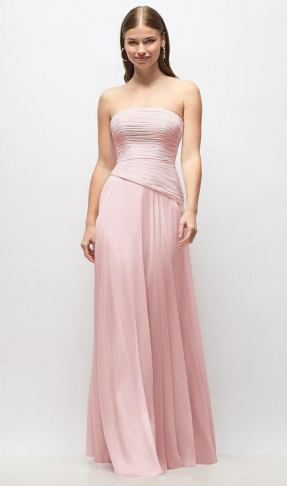 Front View - Ballet Pink Strapless Chiffon Maxi Dress with Asymmetrical Ruched Drop Waist