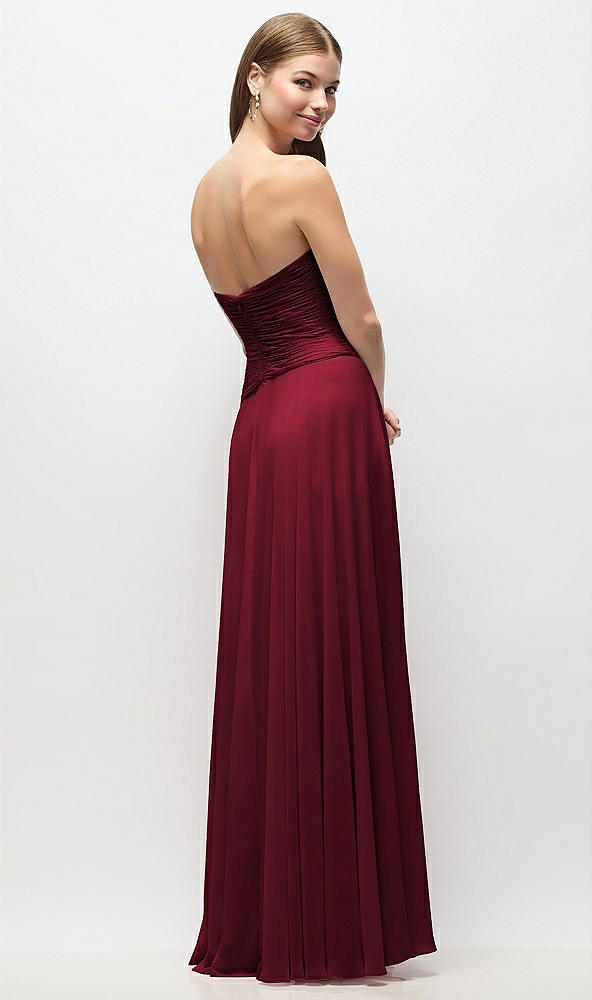 Back View - Burgundy Strapless Chiffon Maxi Dress with Asymmetrical Ruched Drop Waist