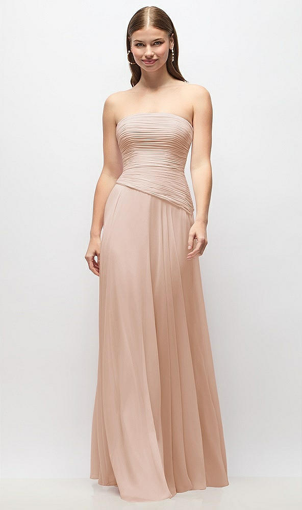 Front View - Cameo Strapless Chiffon Maxi Dress with Asymmetrical Ruched Drop Waist