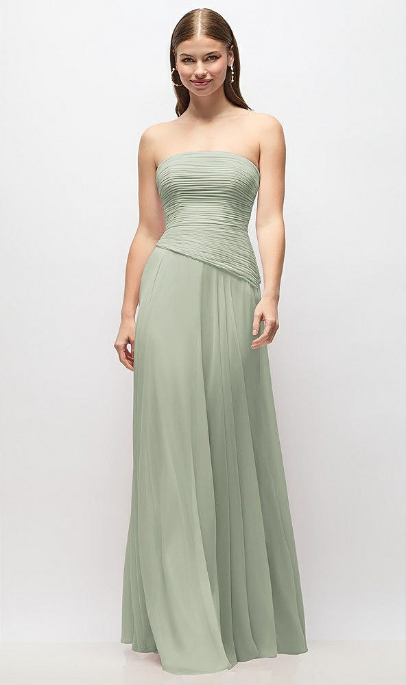 Front View - Celadon Strapless Chiffon Maxi Dress with Asymmetrical Ruched Drop Waist