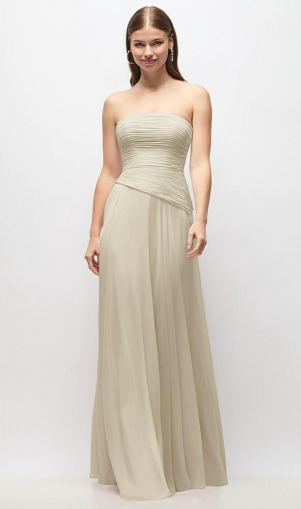 Front View - Champagne Strapless Chiffon Maxi Dress with Asymmetrical Ruched Drop Waist