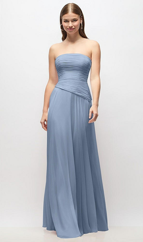 Front View - Cloudy Strapless Chiffon Maxi Dress with Asymmetrical Ruched Drop Waist