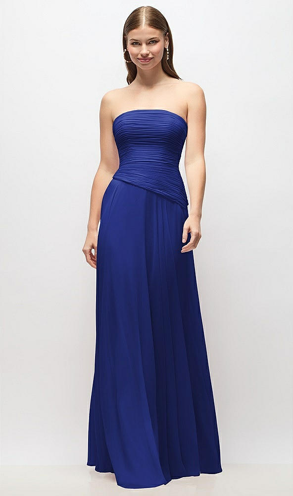Front View - Cobalt Blue Strapless Chiffon Maxi Dress with Asymmetrical Ruched Drop Waist