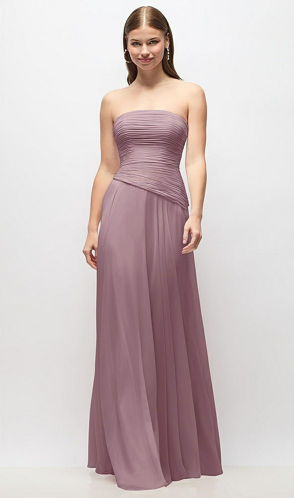 Front View - Dusty Rose Strapless Chiffon Maxi Dress with Asymmetrical Ruched Drop Waist