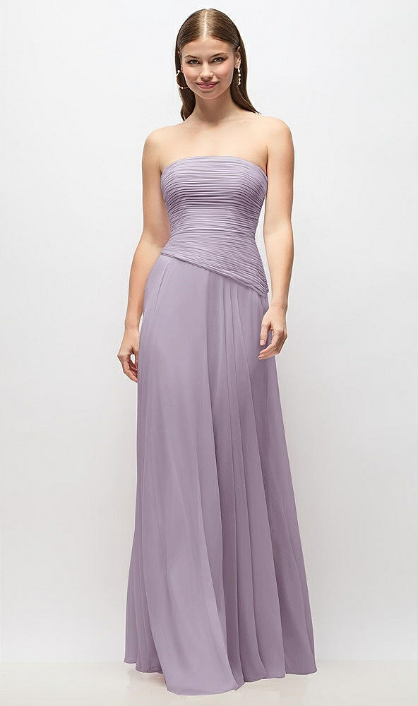Front View - Lilac Haze Strapless Chiffon Maxi Dress with Asymmetrical Ruched Drop Waist