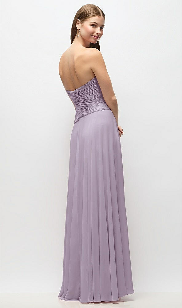 Back View - Lilac Haze Strapless Chiffon Maxi Dress with Asymmetrical Ruched Drop Waist
