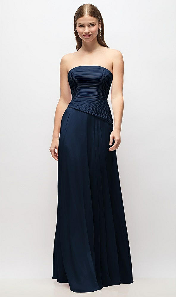Front View - Midnight Navy Strapless Chiffon Maxi Dress with Asymmetrical Ruched Drop Waist