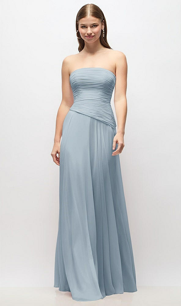 Front View - Mist Strapless Chiffon Maxi Dress with Asymmetrical Ruched Drop Waist