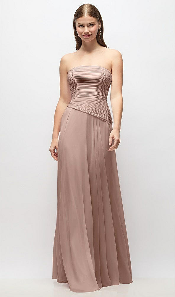 Front View - Neu Nude Strapless Chiffon Maxi Dress with Asymmetrical Ruched Drop Waist
