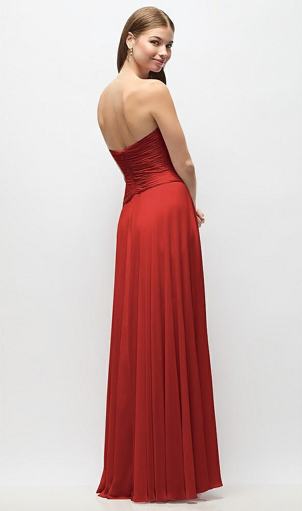 Back View - Poppy Red Strapless Chiffon Maxi Dress with Asymmetrical Ruched Drop Waist