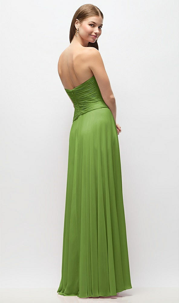 Back View - Peridot Green Strapless Chiffon Maxi Dress with Asymmetrical Ruched Drop Waist