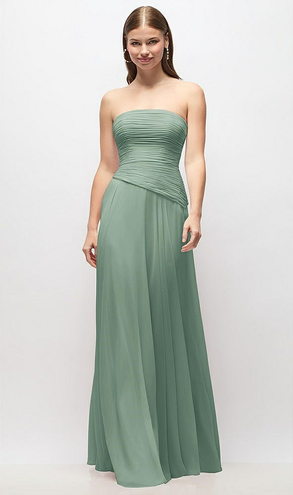 Front View - Seagrass Strapless Chiffon Maxi Dress with Asymmetrical Ruched Drop Waist