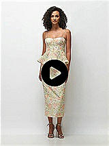 Video 1 Thumbnail - Wildflower Multi Floral Re-Embroidered Voile Bustier Midi Dress with Peplum over Column Skirt