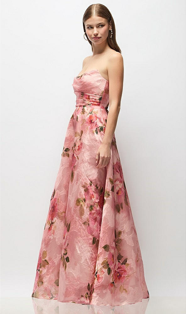 Front View - Guava Floral Print Strapless Organza Jacquard Maxi Dress with Draped Cat-Eye Bodice