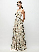 Side View Thumbnail - Plumeria Floral Print Strapless Metallic Organza Jacquard Maxi Dress with Draped Cat-Eye Bodice