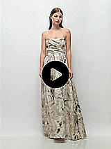 Video 1 Thumbnail - Plumeria Floral Print Strapless Metallic Organza Jacquard Maxi Dress with Draped Cat-Eye Bodice