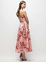Rear View Thumbnail - Guava Floral Print Strapless Organza Jacquard Midi Dress with Draped Cat-Eye Bodice