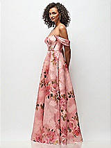 Front View Thumbnail - Guava Floral Print Strapless Organza Jacquard Bustier Maxi Dress with Off-the-Shoulder Swags