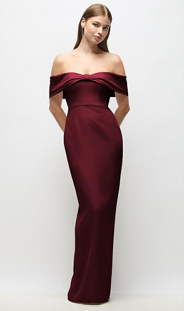 Front View - Cabernet Off-the-Shoulder Crepe Column Maxi Dress with Bow-Pinch Detail