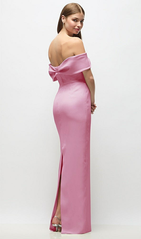 Back View - Powder Pink Off-the-Shoulder Crepe Column Maxi Dress with Bow-Pinch Detail